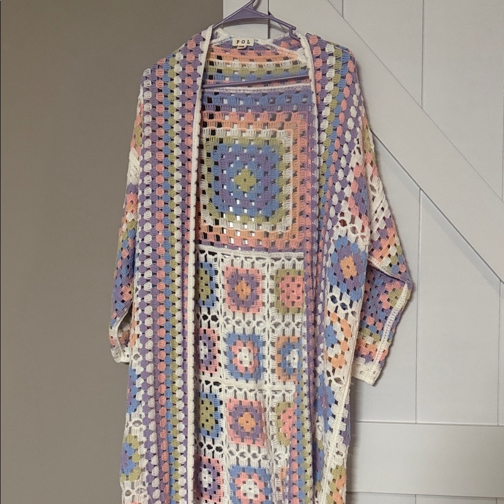 POL Colorful Crochet Open-Front Sweater